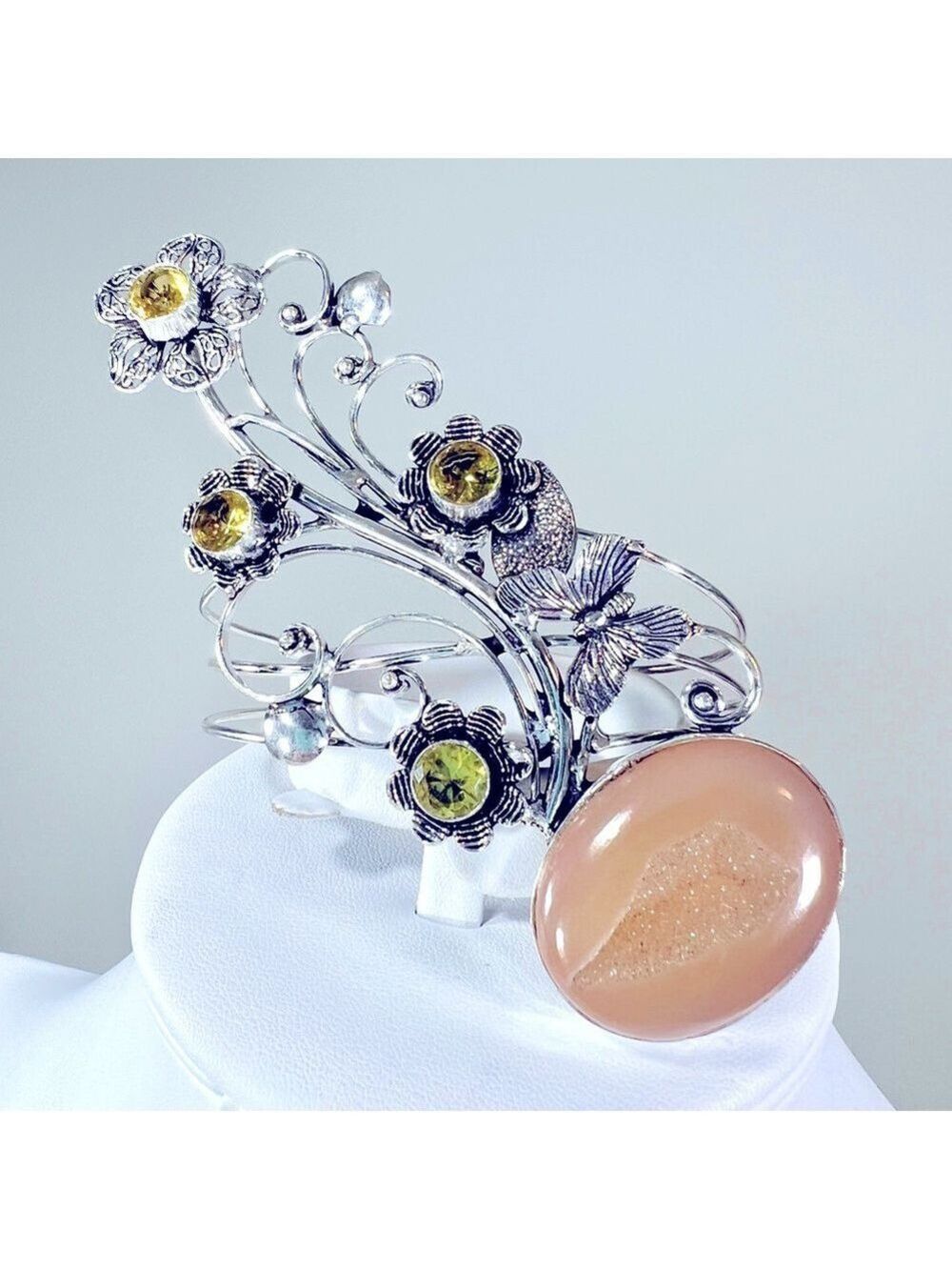Unique Design! 925 🌼🦋 Large Peach Botswana Agate Gemstone Bangle Bracelet